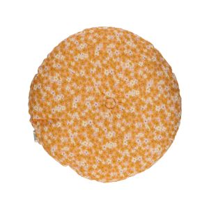 Velvet cushion, cotton, ochre yellow floral design, round