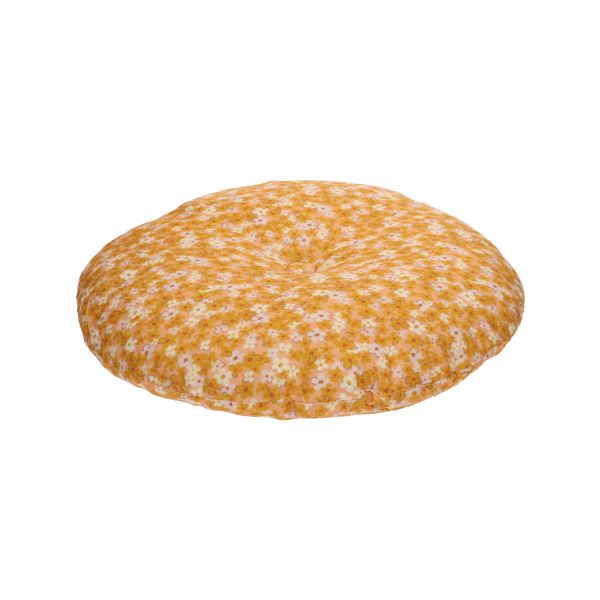 Fluwelen kussen, katoen, okergeel bloemenmotief, rond