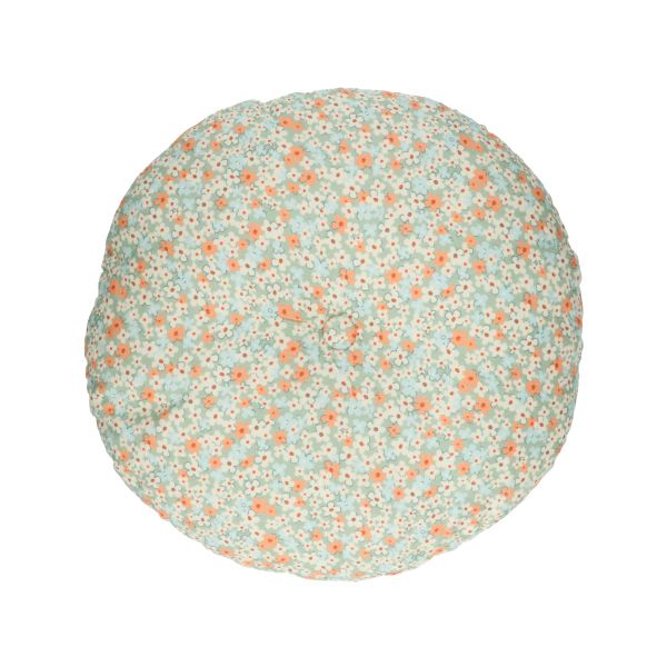 Fluwelen kussen, katoen, groen bloemenmotief, rond