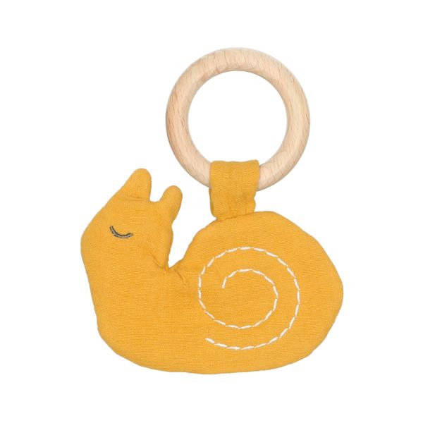 Image of Houten ring met knisperdoekje, slak, geel