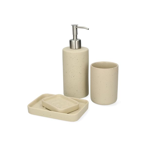 Distributeur de savon, beige moucheté, céramique et inox