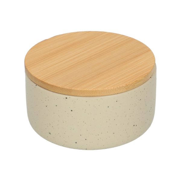 Bakje + deksel, beige spikkel, keramiek en bamboe