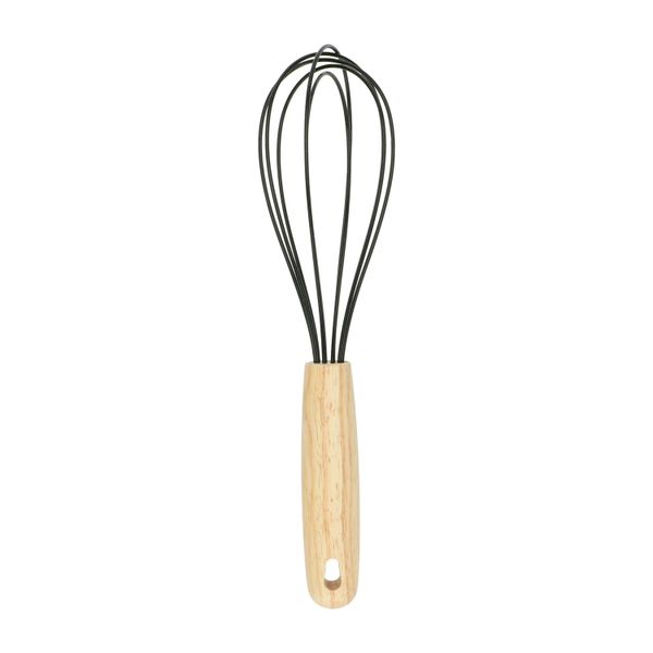 Stainless steel, rubberwood and black silicone whisk