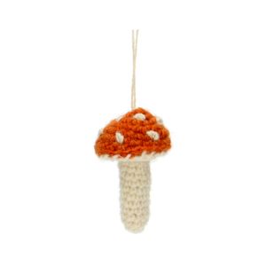 Pendentif champignon, rouge, crochet, laine, 5 cm env.