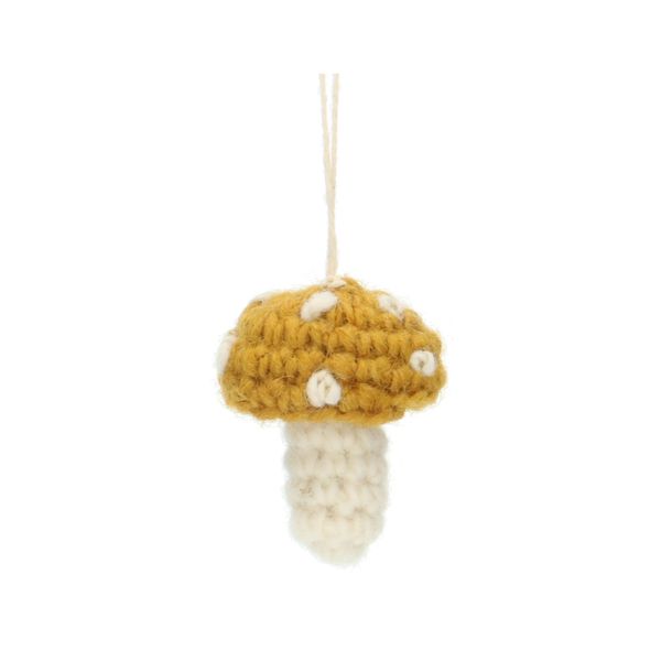 Pendentif champignon, jaune, crochet, laine, 5 cm env.