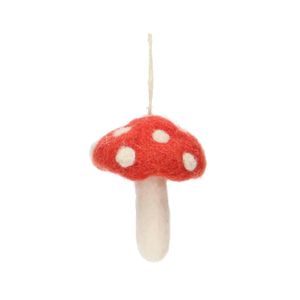 Pendentif champignon, rouge, feutre, 6 cm env.