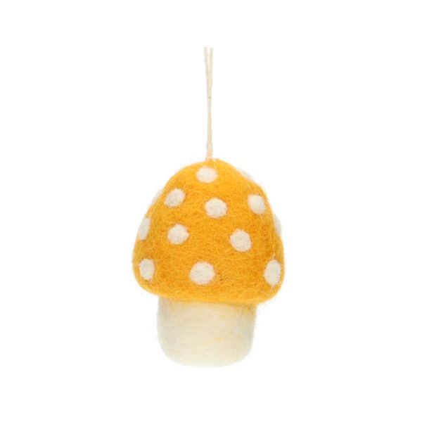 Pendentif champignon, jaune, feutre, 6,5 cm env.