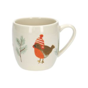 Beker met oor, beige, vogeltjes, steengoed