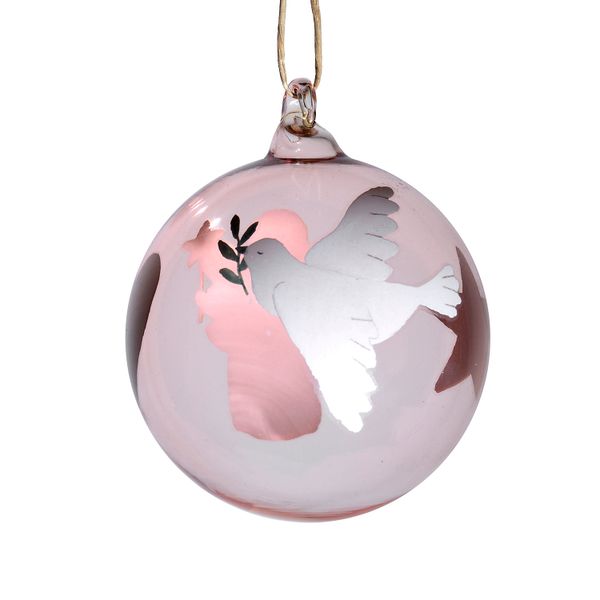 Kerstbal, duif en engeltje, oudroze glas