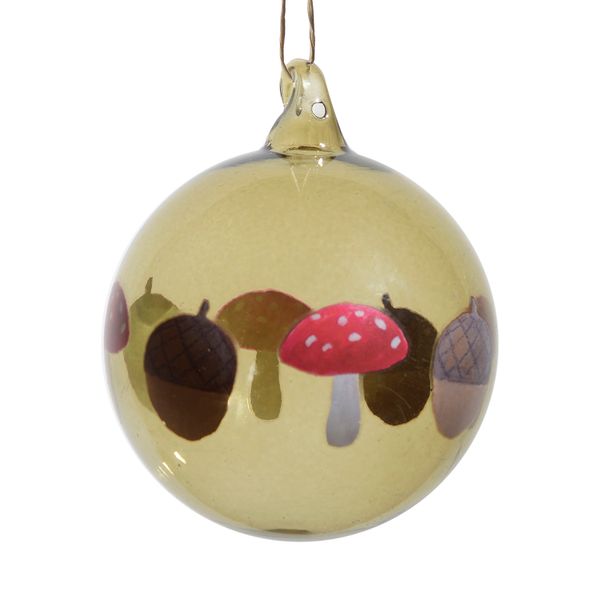 Green glass, toadstool and acorn-shaped Christmas decoration