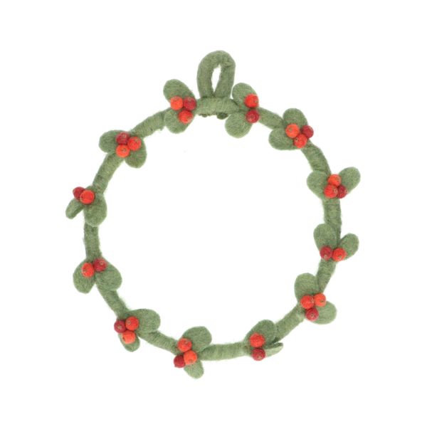 Image of Kerstkrans, groen met rode besjes, vilt, 24 cm