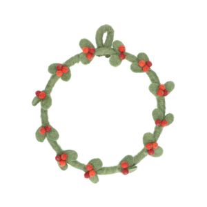 Kerstkrans, groen met rode besjes, vilt, 24 cm