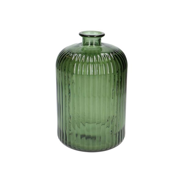 Ribbed, green glass vase, 23 cm