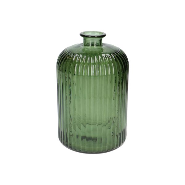 Vaas, groen glas, geribbeld, 23 cm