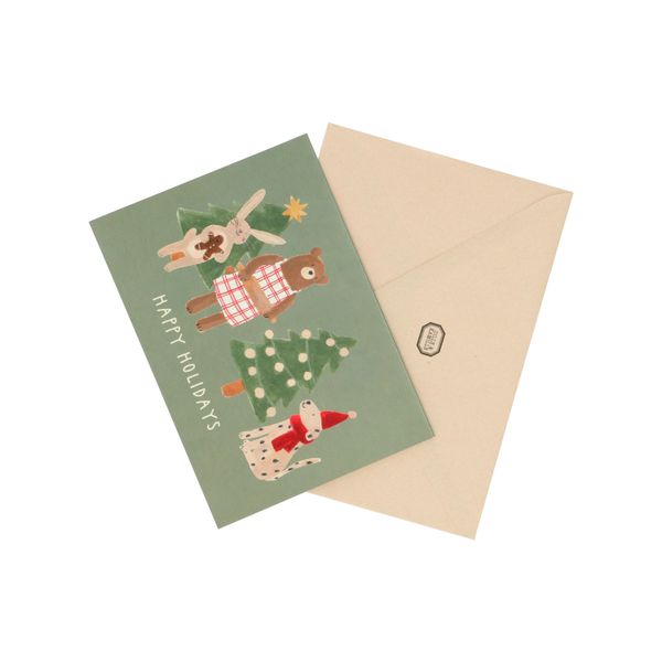 Carte de Noël avec enveloppe, animaux, vert
