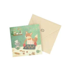 Square Christmas card with envelope, mouse and fox
