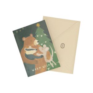 Kerstkaart met envelop, dieren bij kerstboom