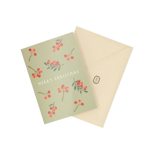 Carte de Noël avec enveloppe, vert et baies rouges