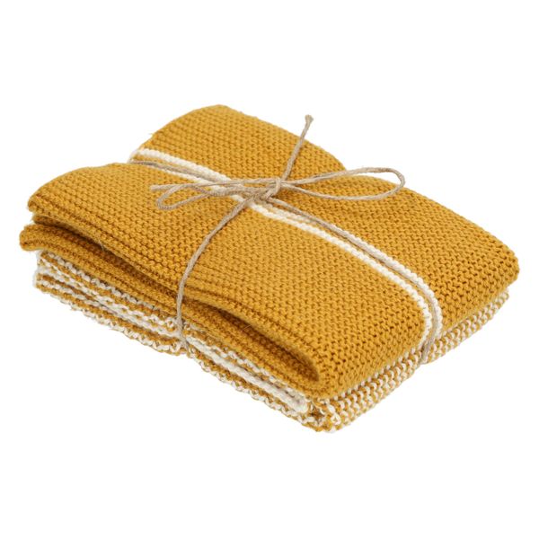 Lavettes, coton tricoté, jaune ocre, 2 pièces, 25 x 25 cm