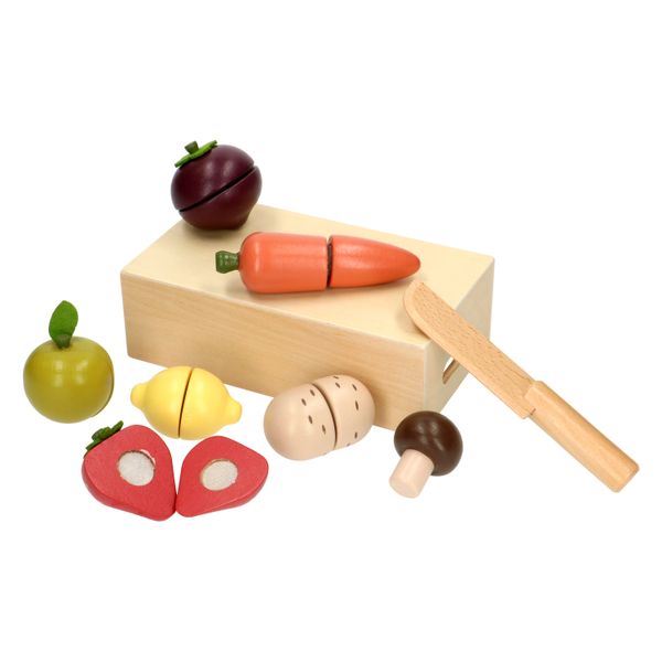 Snijsetje groente/fruit, hout, in kratje