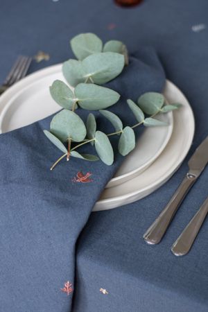 Serviette de table Noël, bleu foncé, motif brodé, coton bio, 40 x 40 cm