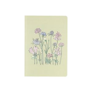 A5, green, ruled notebook with purple flower motif