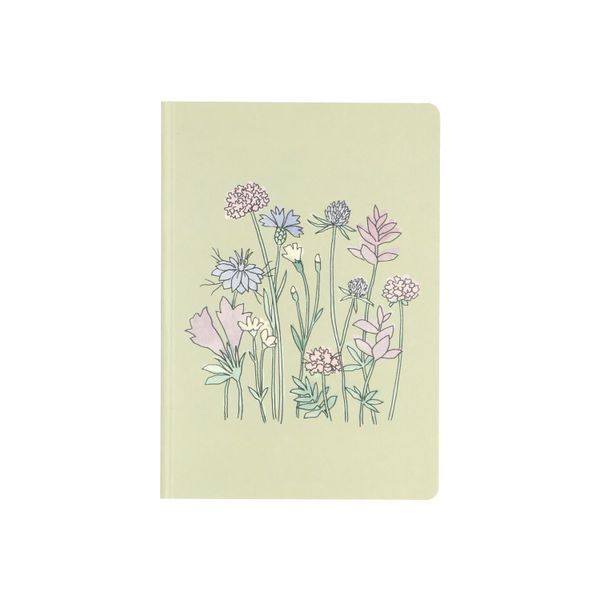 Carnet de notes, vert, feuilles lignées, fleurs violettes, A5