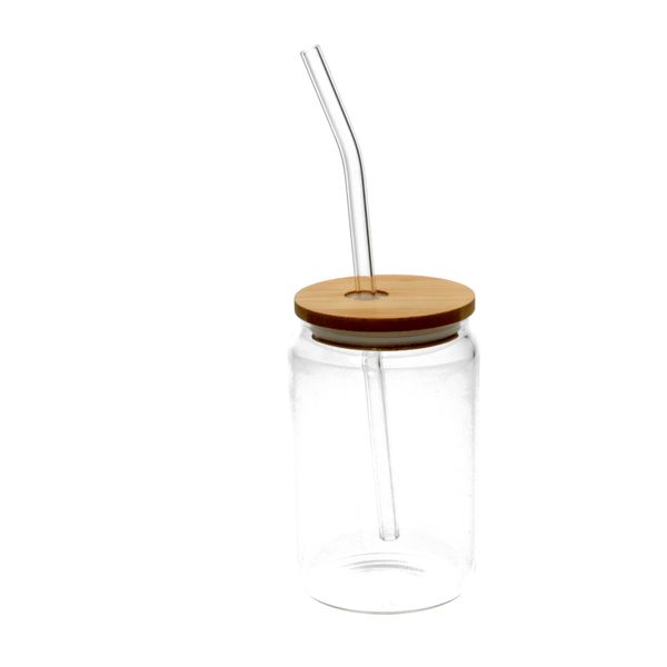 Glas met bamboe deksel en rietje, hittebestendig glas