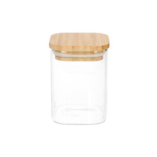 Potje vierkant, hittebestendig glas, bamboe deksel 200 ml