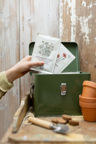 Storage tin with 12 types of garden seeds