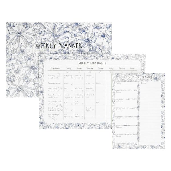 Weekly planner, menu, blue flower motif, A5