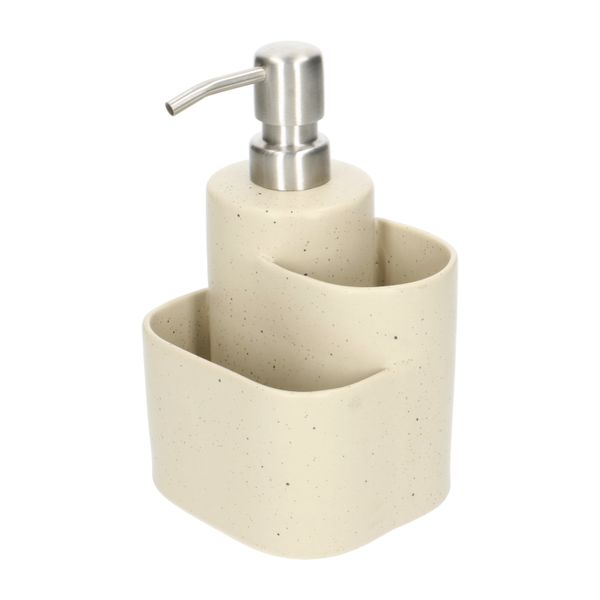 Beige, speckled earthenware and stainless steel soap dispenser with 2 holders