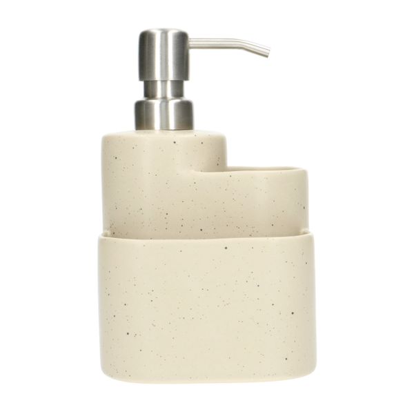 Beige, speckled earthenware and stainless steel soap dispenser with 2 holders