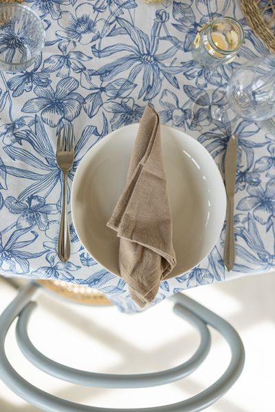 Tablecloth round, GOTS organic cotton, blue, flowers, Ø 180 cm