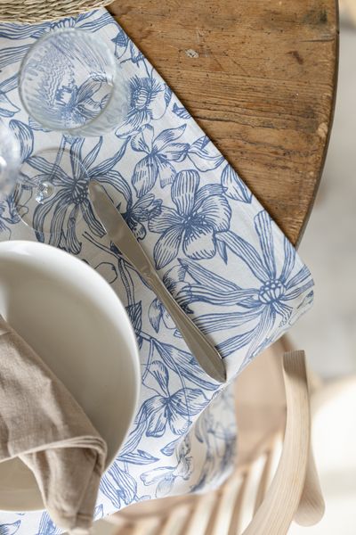 Table runner, GOTS organic cotton, blue, flowers, 50 x 145 cm