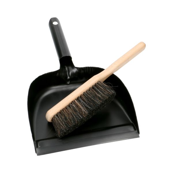 Stoffer en blik, set, metaal, beukenhout en plantaardige vezels