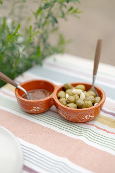 Terracotta olive dish with twig motif