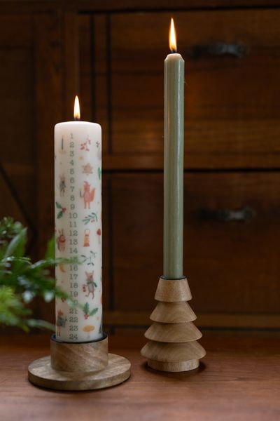 Beechwood, pine tree-shaped candlesticks