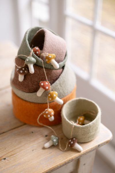 Small, red, round felt basket