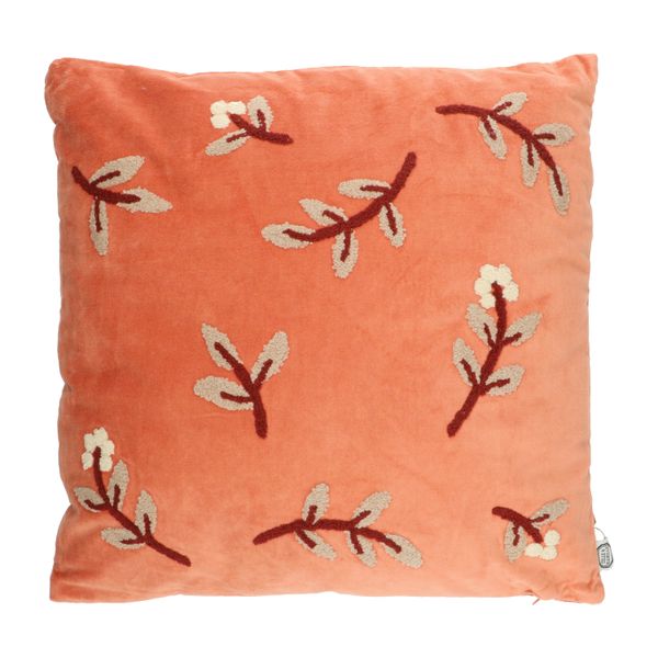 Terracotta velvet pillow with twig motif, 50 x 50 cm