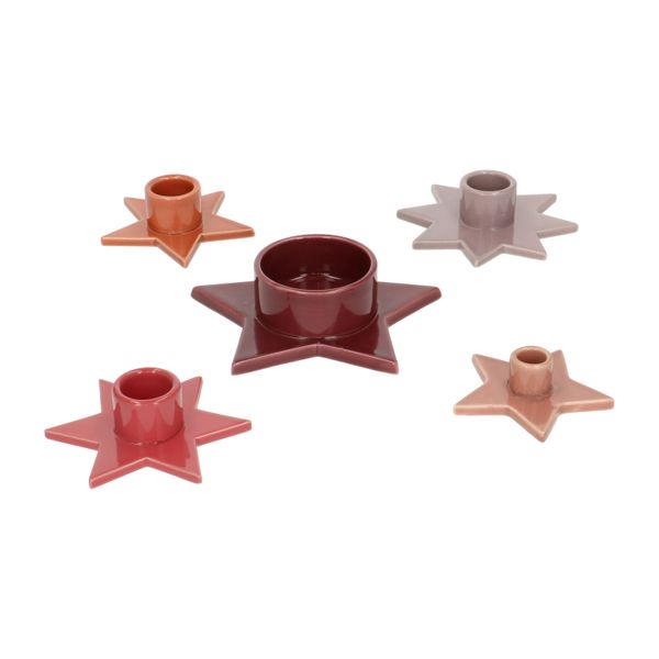 Terracotta-coloured, star-shaped porcelain candlestick for dinner candle