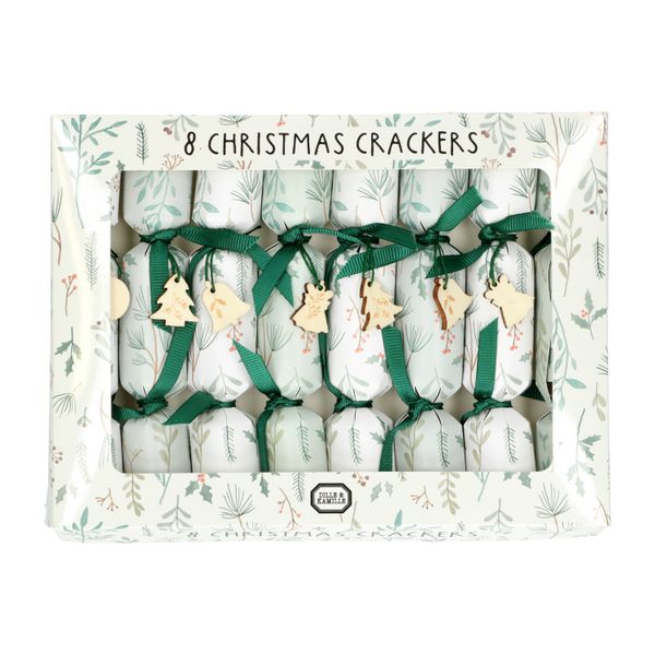 Box of 8 miniature Christmas crackers with leaf and berry motif