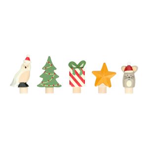 Stekers voor jaarring/adventsring, kerstfiguurtjes, hout, set van 5