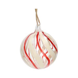 Red and white glass Christmas bauble with twisted stripes, Ø 5 cm