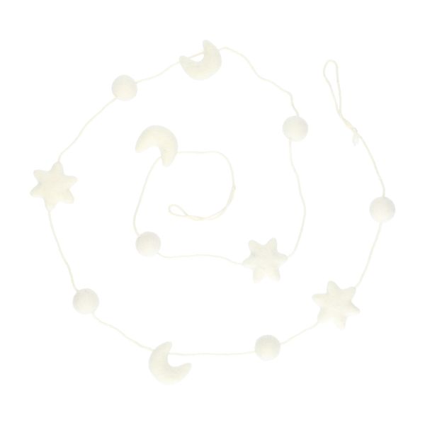 White, felt, Christmas garland with moons and stars, approx. 150 cm