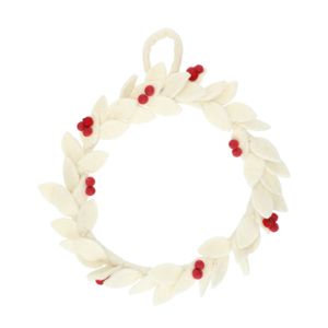 Suspension de Noël, couronne ornée de feuilles et de baies, feutrine, blanc, Ø env. 24 cm