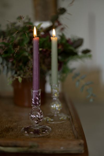 Small, pink, hand-painted glass candlestick