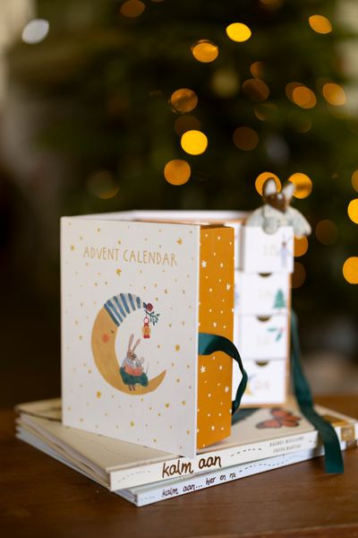 Carboard, fold-out Advent calendar with a moon and reading rabbit