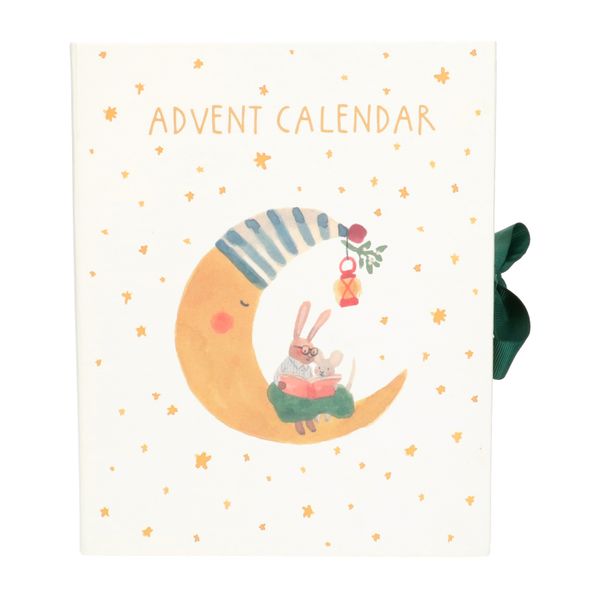 Carboard, fold-out Advent calendar with a moon and reading rabbit