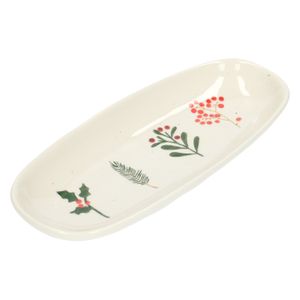 Off white, stoneware serving dish with Christmas twigs, 11 x 26 cm